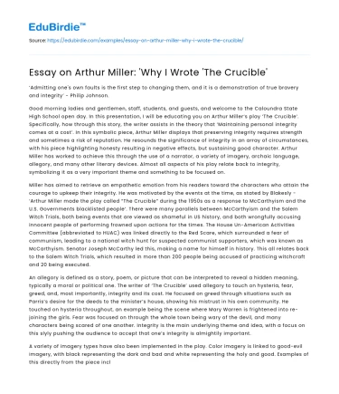 Essay on Arthur Miller: ‘Why I Wrote ‘The Crucible’