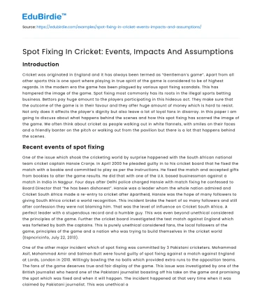 Spot Fixing In Cricket: Events, Impacts And Assumptions