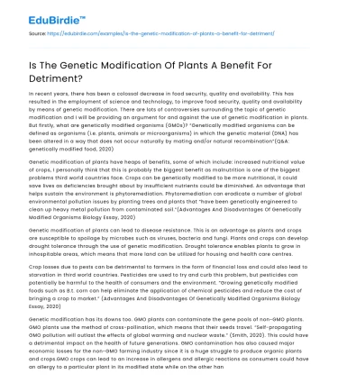 Is The Genetic Modification Of Plants A Benefit For Detriment?