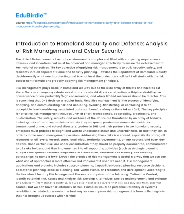 Homeland Security and Defense: Risk Management and Cyber Security