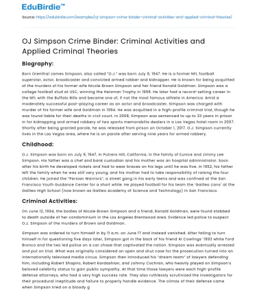 OJ Simpson Crime Binder: Criminal Activities and Applied Criminal Theories