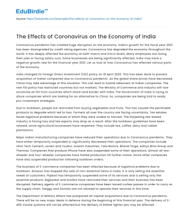 The Effects of Coronavirus on the Economy of India