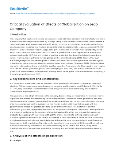 Critical Evaluation of Effects of Globalization on Lego Company