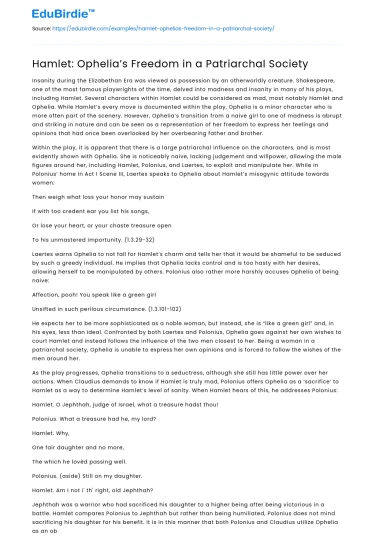 Hamlet: Ophelia’s Freedom in a Patriarchal Society