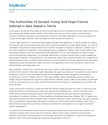 Trump and Pope’s Authority in Weber’s Terms