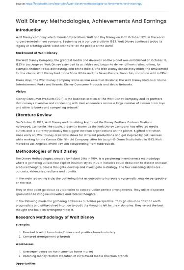 Walt Disney: Methodologies, Achievements And Earnings