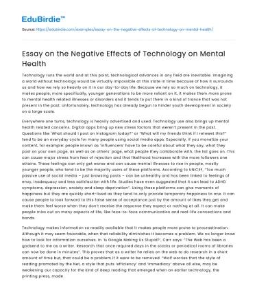 Essay on the Negative Effects of Technology on Mental Health