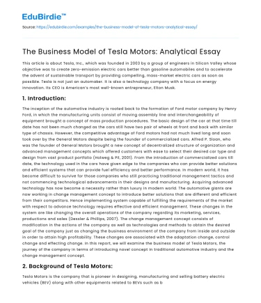 The Business Model of Tesla Motors: Analytical Essay