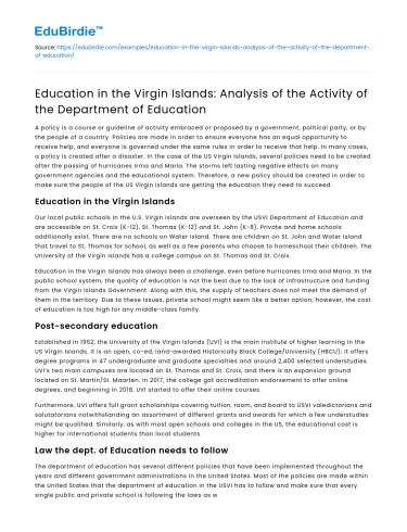 Education in the Virgin Islands: Department of Education Analysis