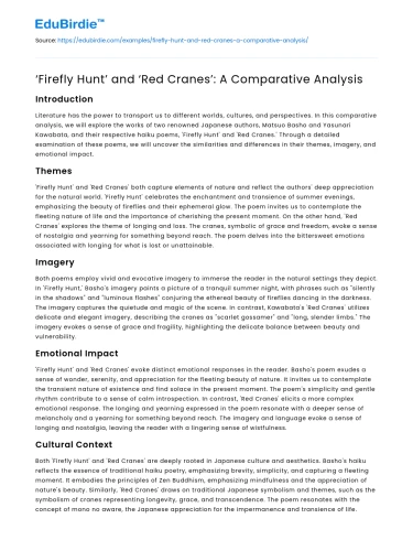 ‘Firefly Hunt’ and ‘Red Cranes’: A Comparative Analysis