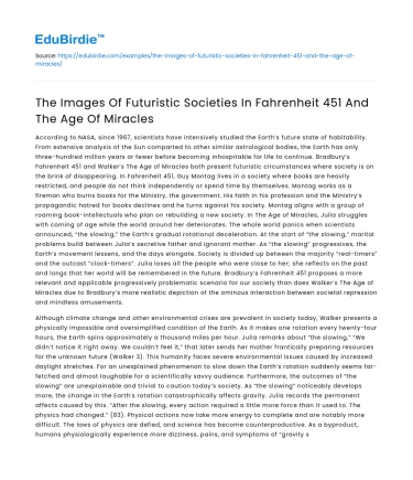 Futuristic Societies in Fahrenheit 451 & The Age of Miracles