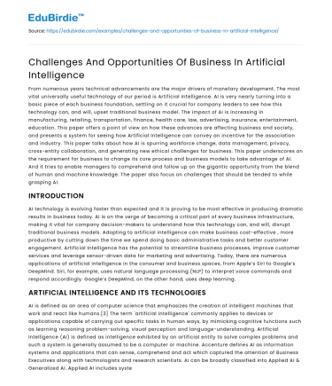 Challenges And Opportunities Of Business In Artificial Intelligence