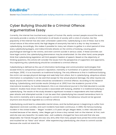 Cyber Bullying Should Be a Criminal Offence: Argumentative Essay
