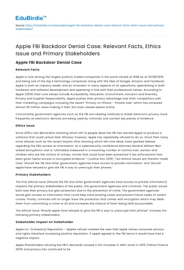 Apple FBI Backdoor Denial Case: Facts, Ethics, Stakeholders