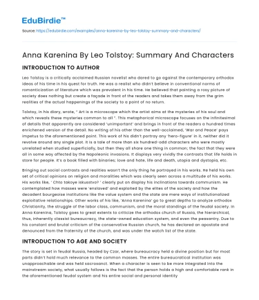 Anna Karenina By Leo Tolstoy: Summary And Characters