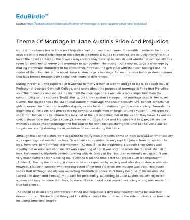 Theme Of Marriage In Jane Austin’s Pride And Prejudice