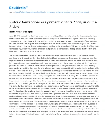 Historic Newspaper Assignment: Critical Analysis of the Article