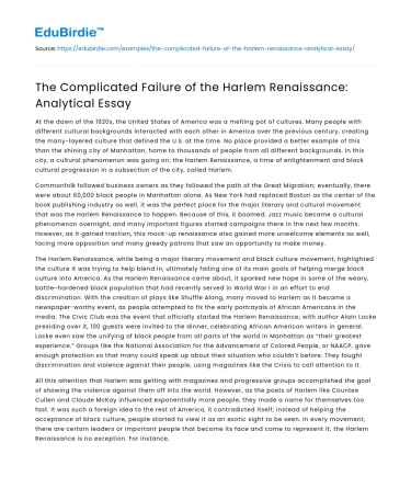 The Complicated Failure of the Harlem Renaissance: Analytical Essay