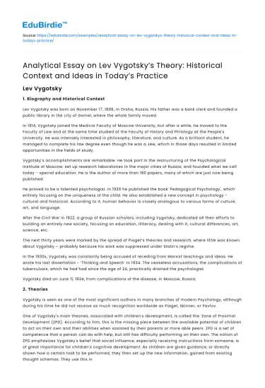 Lev Vygotsky’s Theory: Historical Context and Today’s Practice