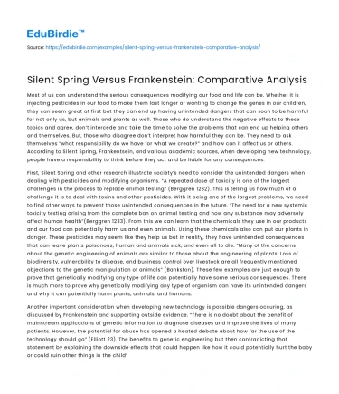 Silent Spring Versus Frankenstein: Comparative Analysis