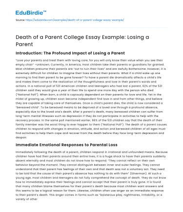 Death of a Parent College Essay Example: Losing a Parent