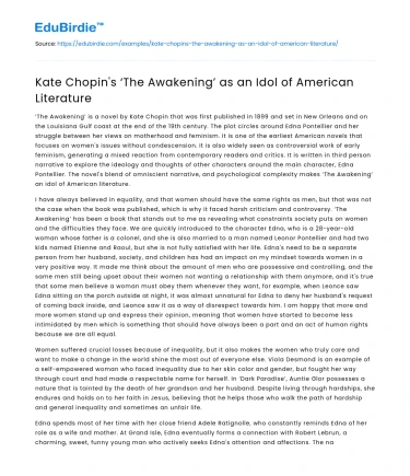 Kate Chopin’s ‘The Awakening’ as an Idol of American Literature
