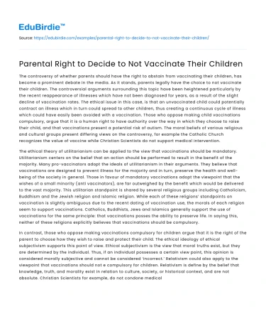 Parental Right to Decide to Not Vaccinate Their Children