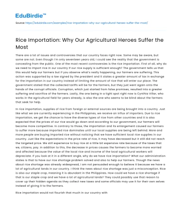 Rice Importation: Why Our Agricultural Heroes Suffer the Most