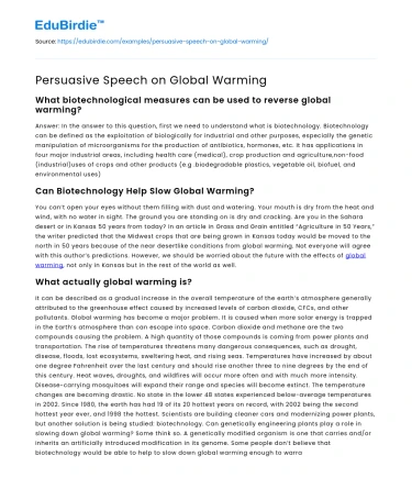 Persuasive Speech on Global Warming