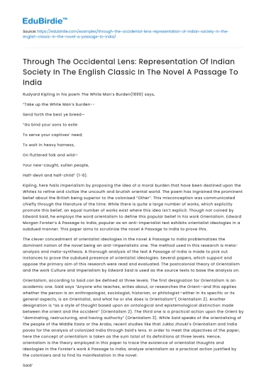 Indian Society in A Passage to India through Occidental Lens