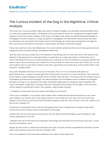 The Curious Incident of the Dog in the Nighttime: Critical Analysis