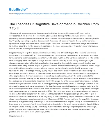 The Theories Of Cognitive Development In Children From 7 To 11