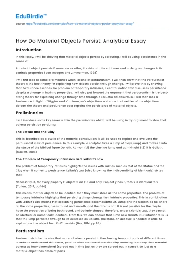 How Do Material Objects Persist: Analytical Essay