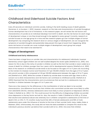Childhood And Elderhood Suicide Factors And Characteristics