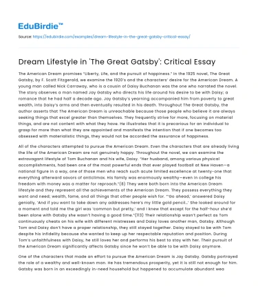 Dream Lifestyle in ‘The Great Gatsby’: Critical Essay
