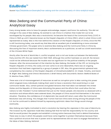 Mao Zedong and the Communist Party of China: Analytical Essay