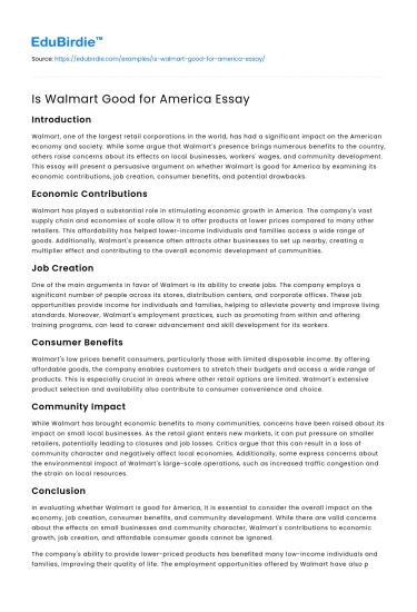 Is Walmart Good for America Essay
