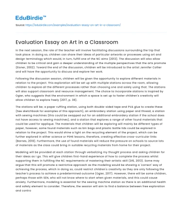 Evaluation Essay on Art in a Classroom