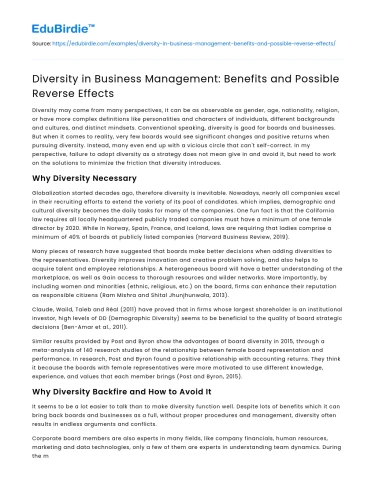 Diversity in Business Management: Benefits and Possible Reverse Effects