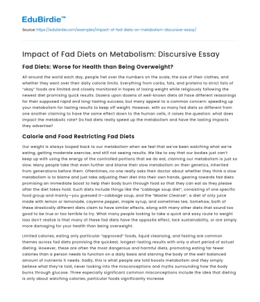 Impact of Fad Diets on Metabolism: Discursive Essay