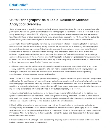 ‘Auto-Ethnography’ as a Social Research Method: Analytical Overview