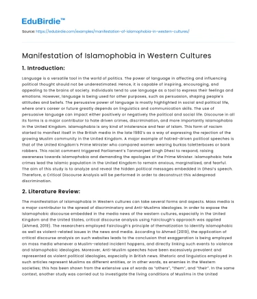 Manifestation of Islamophobia in Western Cultures