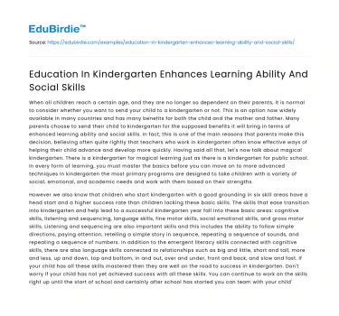 Education In Kindergarten Enhances Learning Ability And Social Skills