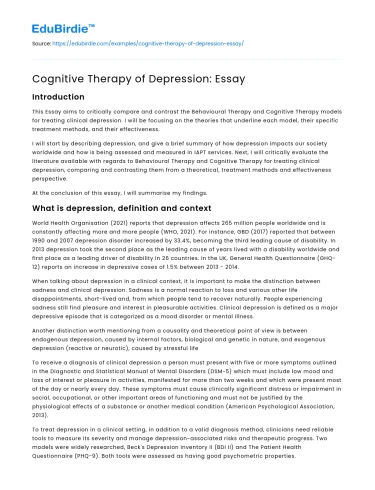 Cognitive Therapy of Depression: Essay