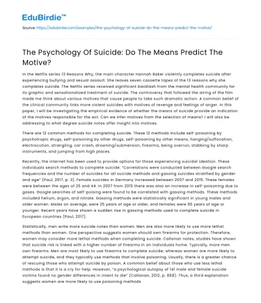 The Psychology Of Suicide: Do The Means Predict The Motive?