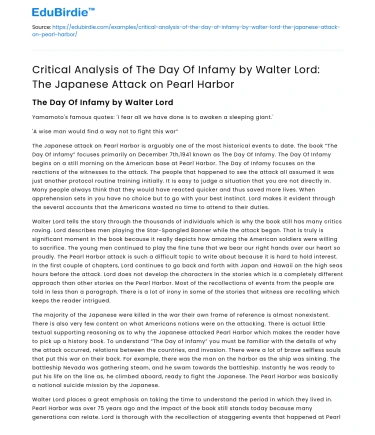 Analysis of The Day of Infamy: Japanese Attack on Pearl Harbor