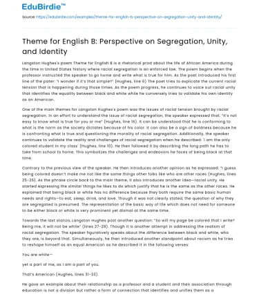 Theme for English B: Perspective on Segregation, Unity, and Identity