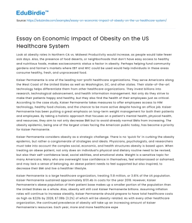 Essay on Economic Impact of Obesity on the US Healthcare System