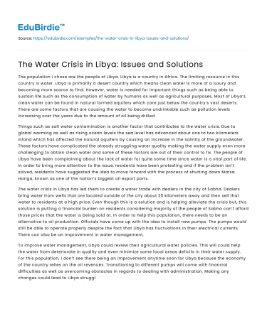 The Water Crisis in Libya: Issues and Solutions