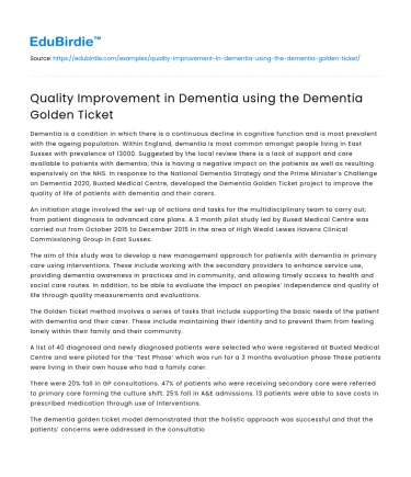Quality Improvement in Dementia using the Dementia Golden Ticket